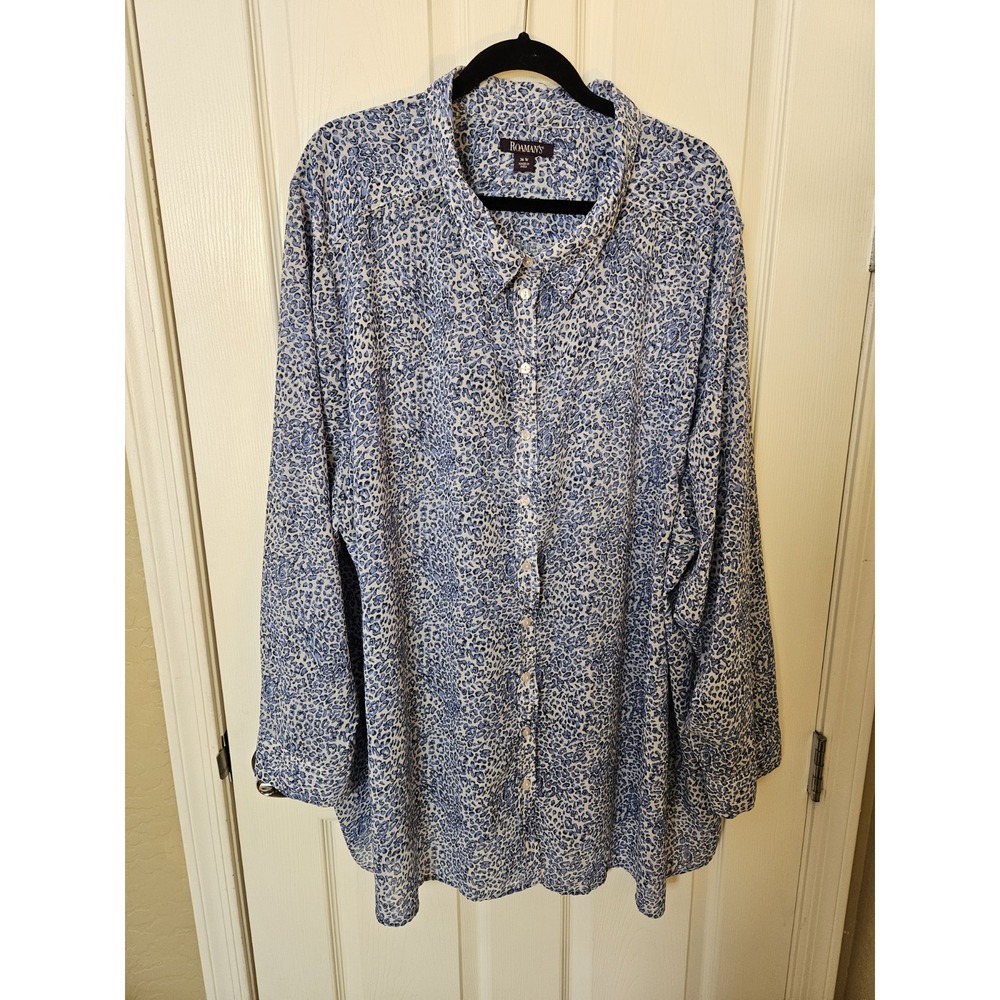 Roaman's Blue White Patterned Long Sleeve Button-Down Lightweight Shirt, Plus 36